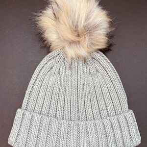 J. Crew Gray Knit Hat with Faux Fur Pom